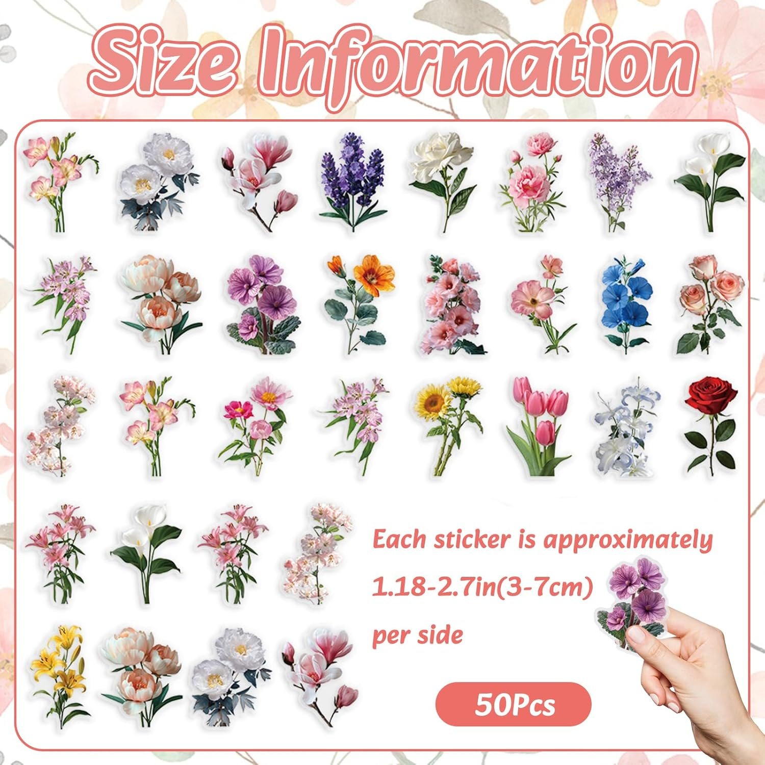 50Pcs Transparent Flower Stickers, Waterproof Flower Pattern Sticker, Self-Adhesive Decorative Decals for Teens Kids Crafts Arts Scrapbook DIY Gift Laptop Water Bottle Cup Luggage Phone Case image number 3