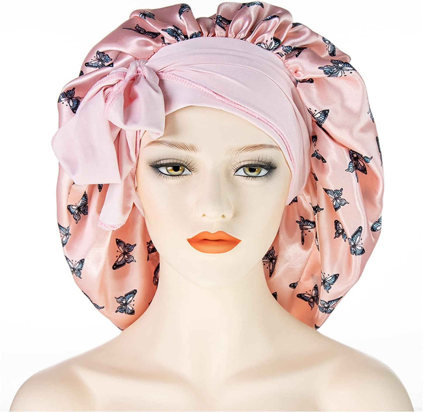 MUFEKUM Hair Bonnet for Sleeping, Printing Satin with Stretchy Tie Band Edge Wrap, Wide Band Silk Large Night Sleep Cap for Women Girls Hair Care