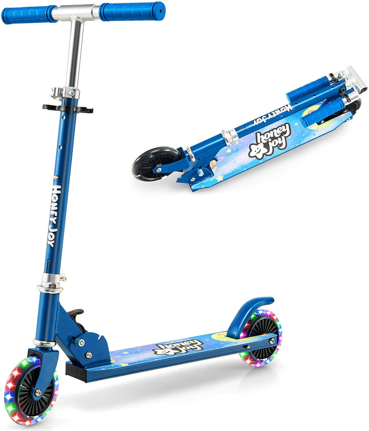 HONEY JOY Kids Folding Kick Scooter, Scooter for Toddlers W/3 Adjustable Heights, 2 Light up Flashing Wheels & Rear Brake System, Portable Aluminum Alloy Scooter for Girls Boys over 3 Years Old