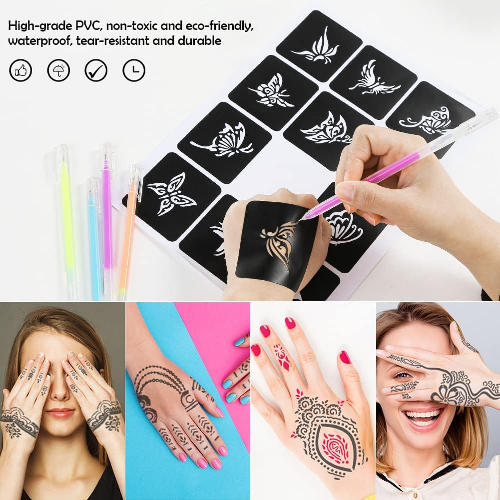Koogel 18 Sheets Henna Tattoo Stencils, Temporary Flower Patterns Glitter Airbrush Tattoo Kits Arabian Stickers for Women and Girls Face Hand Paint Body Art image number 3