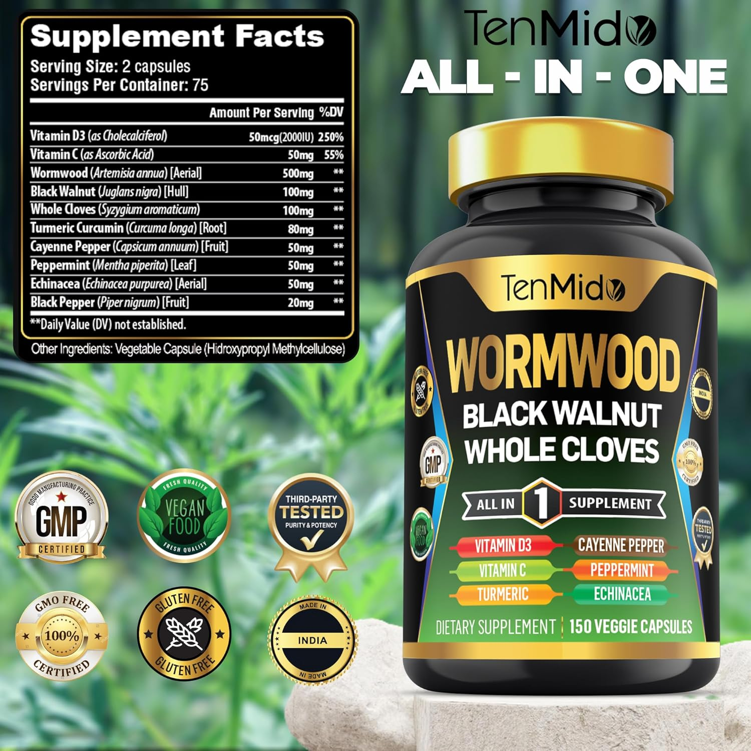 Tenmido Wormwood Capsules Supplement for Men and Women, 10In1 Formula with Black Walnut, Whole Cloves, Turmeric, Cayenne Pepper & More - Digestive, Immune Support - Nutrient Rich - 150 Capsules image number 1