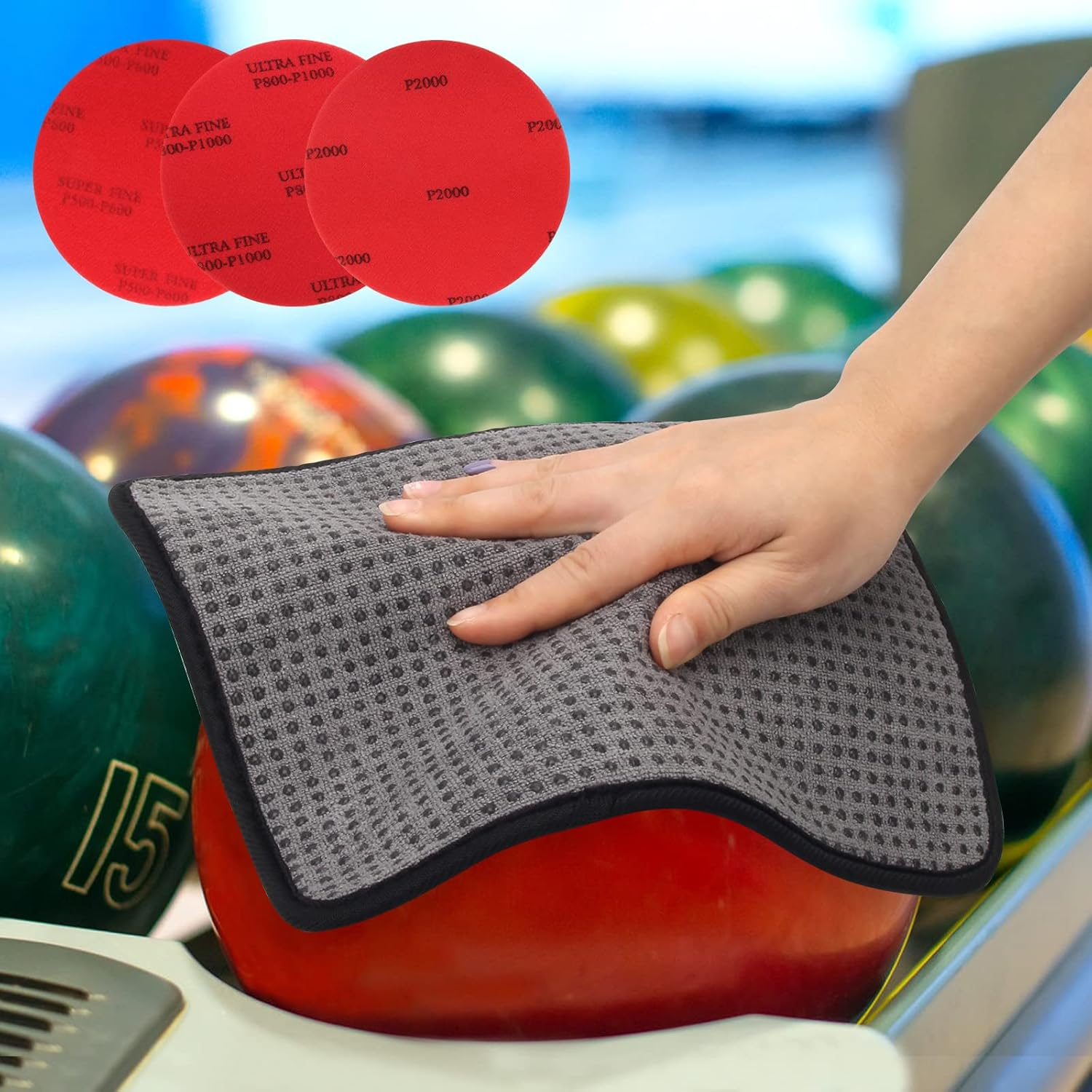Windspeed 6+1 Pack Bowling Ball Sanding Pads with Bowling Towels, Bowling Ball Cleaning Pad 500/1000/2000 Bowling Ball Grit Pads image number 6