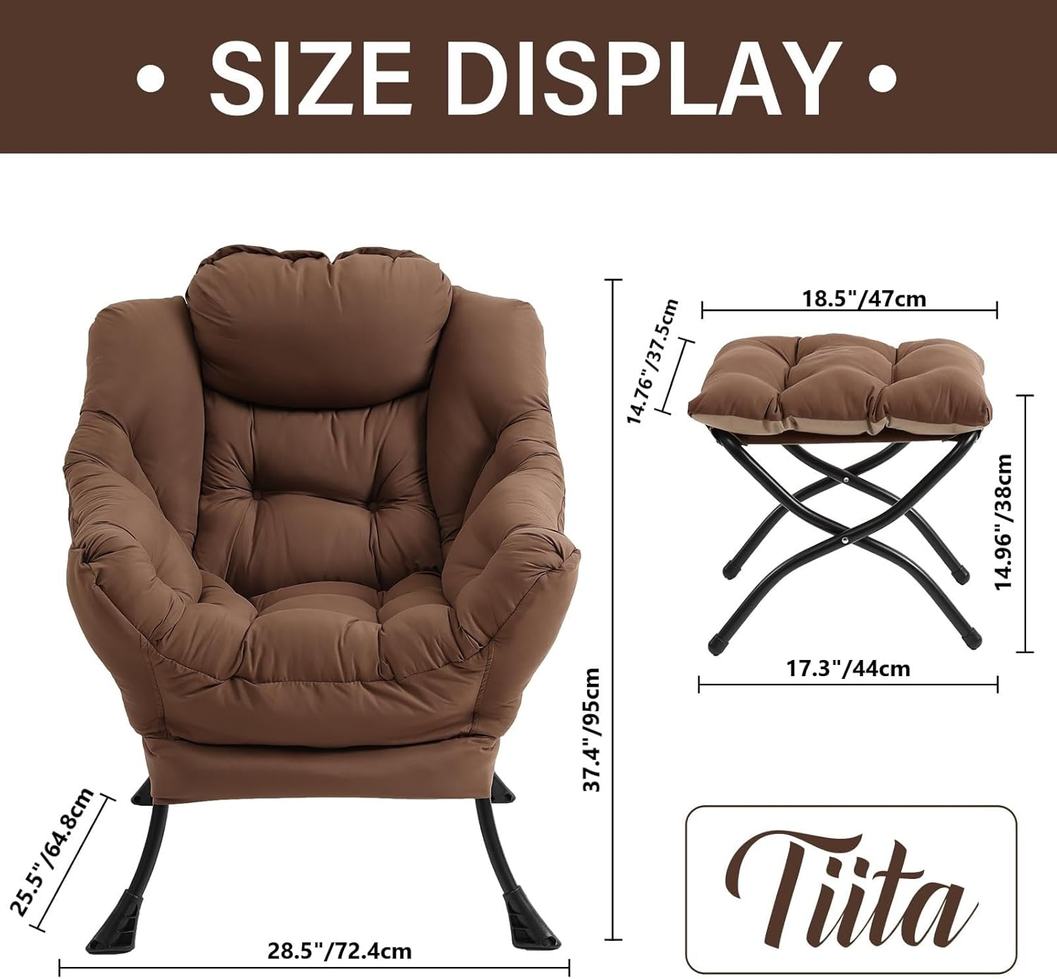 Tiita Lazy Chair with Ottoman, Modern Large Accent Lounge Armchair, Comfy Leisure Sofa Reading Chair with Footrest for Bedroom, Living Room, Dorm Rooms, Garden and Courtyard, Brown - Peach　Blue image number 3