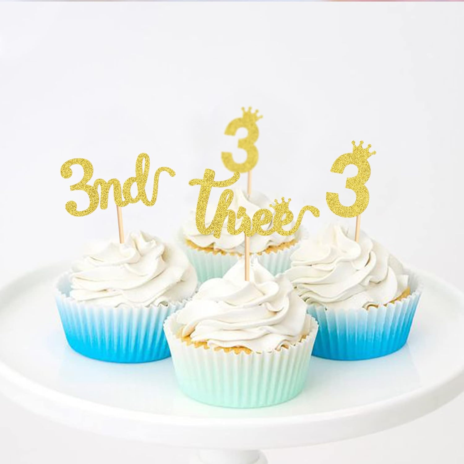 24PCS 3Nd Crown Birthday Cupcake Toppers Three Birthday Three Cupcake Picks Baby Shower Theme Prince Crown Party Cake Decorations Supplies Gold image number 1