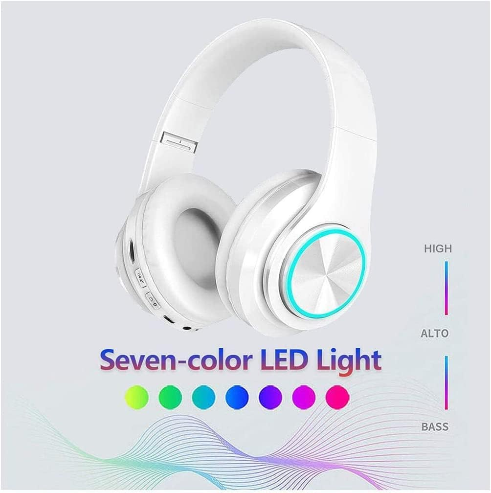 ESSGUO over Ear Kids Bluetooth Headphones, Colorful LED Lights Headphones with Built-In Mic, Wired & Wireless Lightweight Foldable Hifi Stereo Headset for Gift, Tablet, Adult, Game(White) image number 4