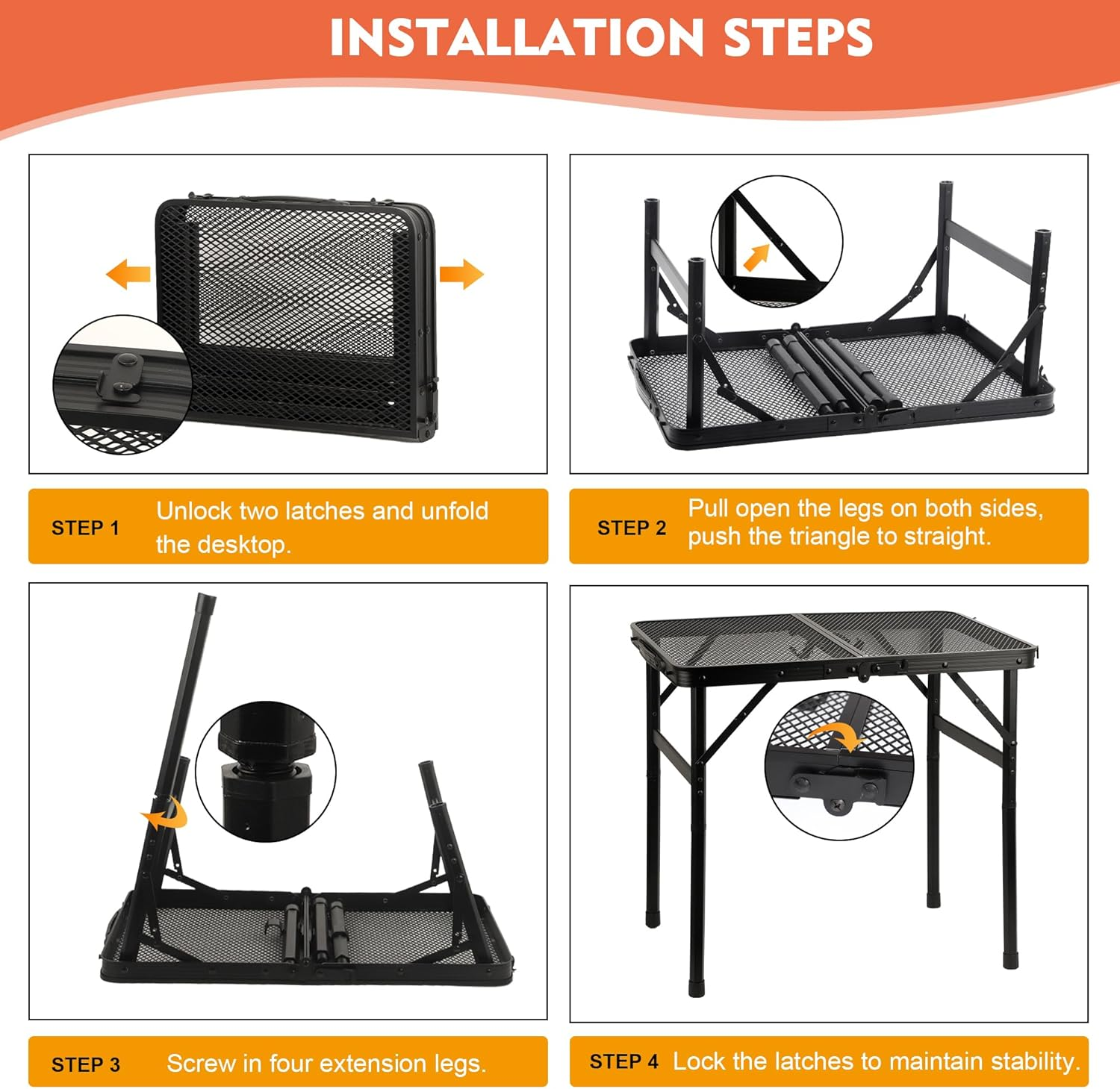 GREGIN Camping Table with Mesh Desktop, Lightweight & Portable Folding Grill Table, Height Adjustable Metal Outdoor Table for Camp, Cooking, BBQ, RV, Picnic-3 FT Black image number 1