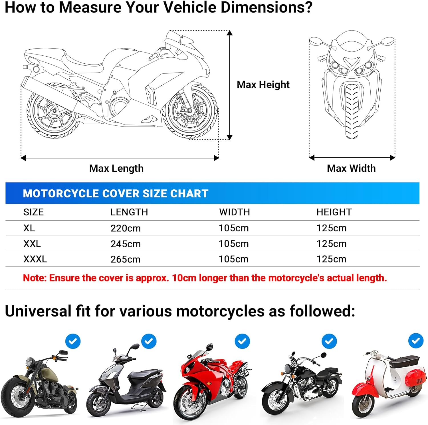 Favoto Motorcycle Cover Waterproof All Season Motorbike Cover 245Cm Long UV Scratch Heat-Resistant Outdoor Protection with Night Reflective Strips Lock-Holes Black 96.55 X 40 X 48 Inch image number 3