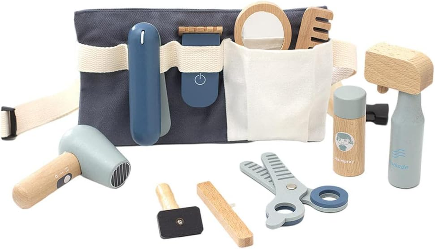 NC 11Pcs Simulation Wooden Beauty Salon Toys Pretend Play Mirror and Cosmetics Case with Toy Hairdryer Hair Styling Set Party Toy for Girl Toddler - Salon Kit image number 3