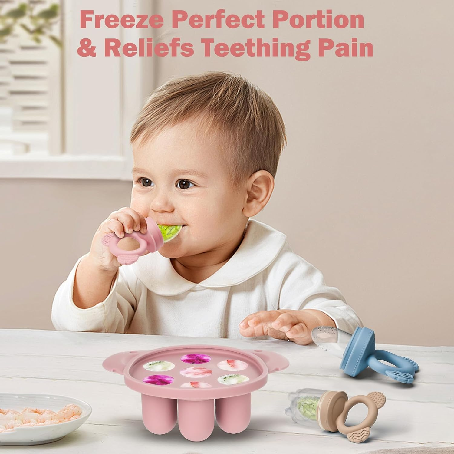 Silicone Baby Fruit Food Feeder & Freezer Nibbletray Set &ndash; Breastmilk Popsicle Molds for Baby Teething Relief, Fresh Food Feeder for Safe Infant Self Feeding BPA Free image number 1
