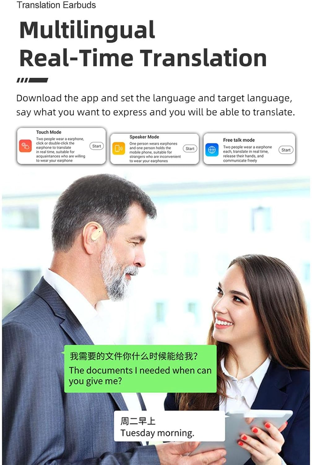 Elprico Voice Translator Earbuds, Real-Time Translation in 144 Languages with Bluetooth and App, Instant Online Voice Translation with 3 Modes for Travel, Business Learning, for Android image number 1