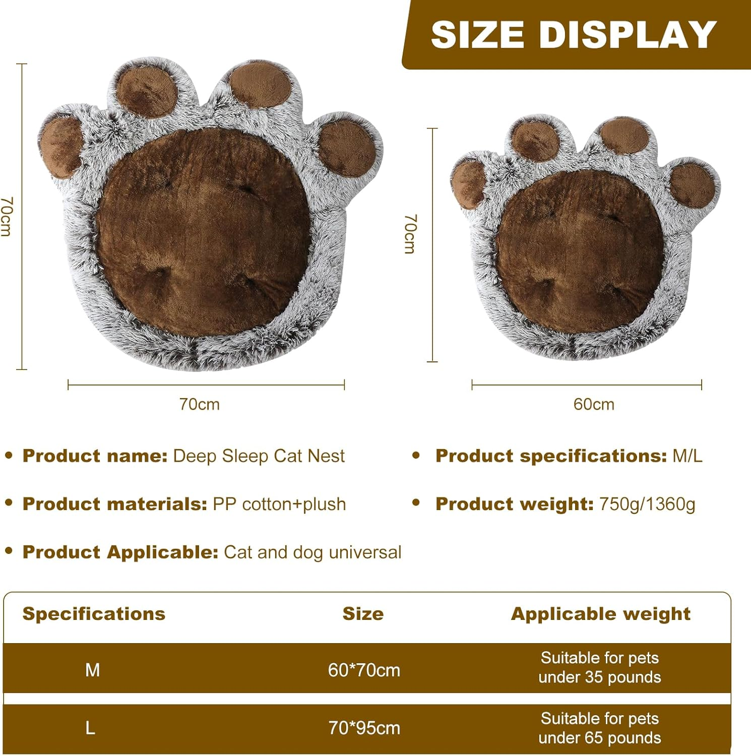 Plush Paw-Shaped Pet Bed, Brown and Grey, Soft Faux Fur Cushion for Dogs and Cats 60 * 70Cm(M) image number 6