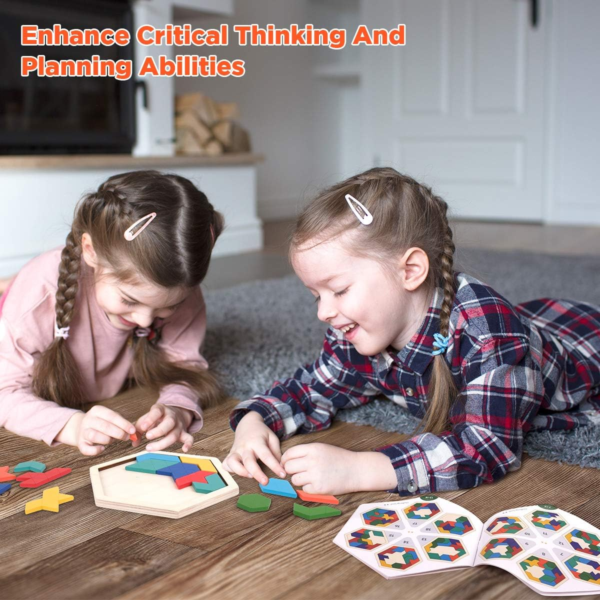 Vanmor Wooden Hexagon Tangram Puzzle for Kids Adults Geometric Shape Pattern Blocks Brain Teaser Puzzles with 60 Solution, Logic Mind Puzzles Travel Game for All Ages New Year Gifts image number 1