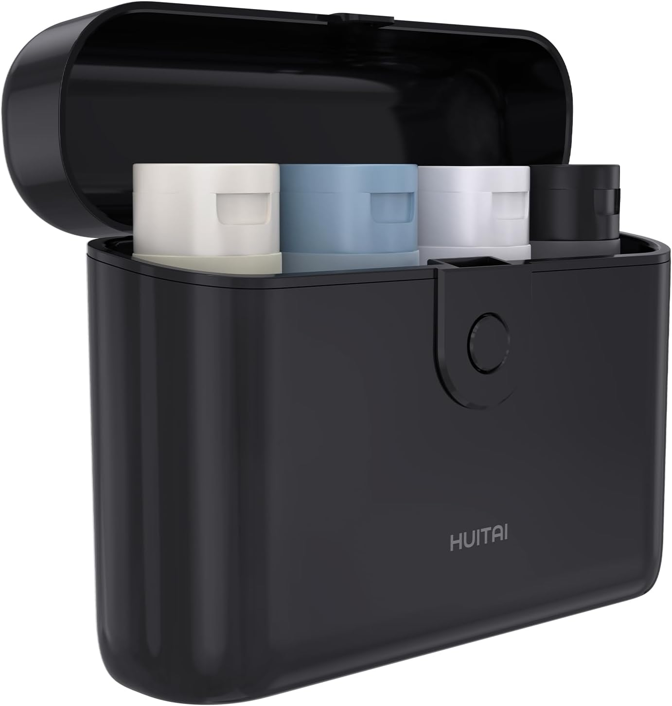 HUITAI Travel Bottles with Case, 4X2Oz TSA Approved, Leak-Proof, Press to Unlock, Compact & Portable Travel Toiletries (Black)