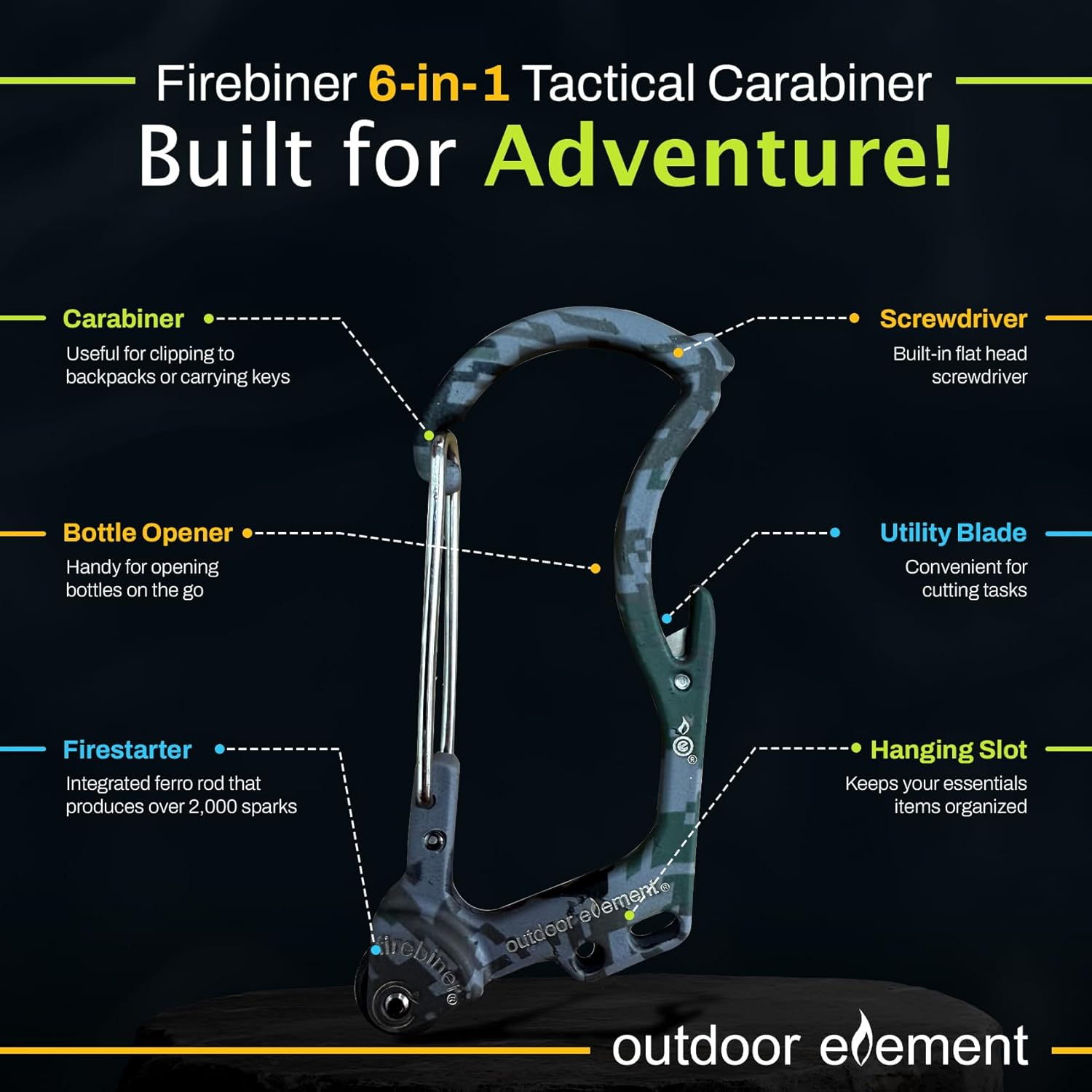 Firebiner - Fire Starter, Multi-Tool, Carabiner - Aurora (Multicolor) image number 5