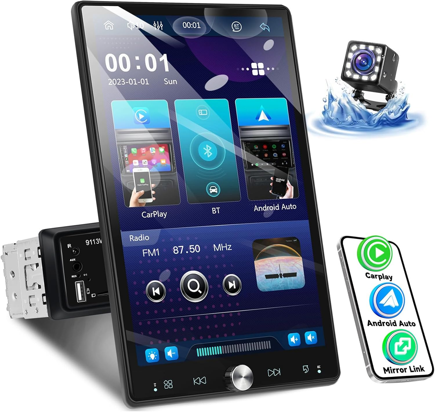 SIXTOP Single Din Car Stereo 10.4 Inch Touch Screen 180&deg;Rotate Vertical/Horizontal Screen Bluetooth Audio with Wireless Carplay & Android Auto Mirror Link FM Radio EQ USB+ AHD Camera & MIC image number 2