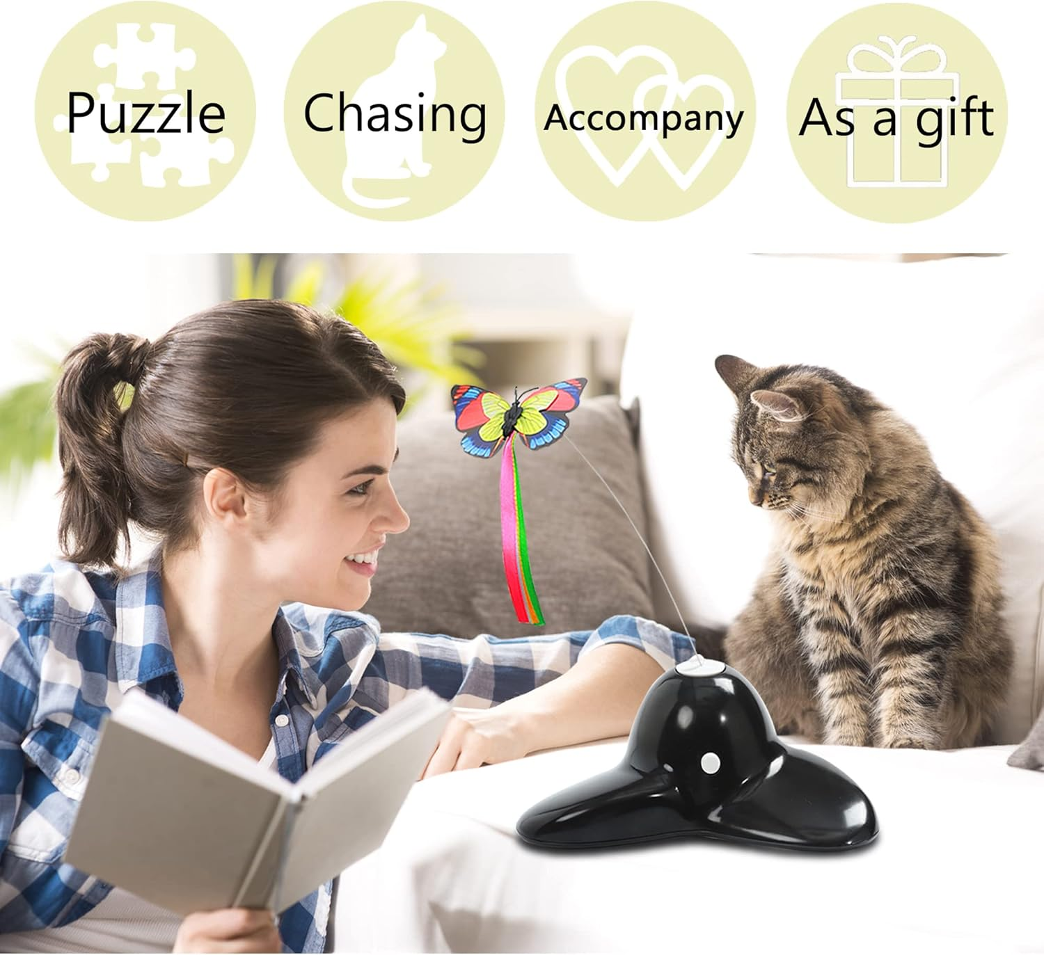 Vealind Indoor Interactive Play Teaser Cat Toy with 360&deg;Electric Rotating Butterfly (Black) - Black image number 5