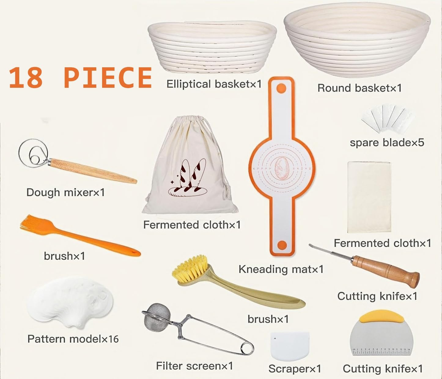 Sourdough Starter Kit,Natural Rattan Bread Proofing Basket,18-Piece Set Banneton Proofing Basket with round & Oval Rattan Proofing Baskets,Sourdough Kit with the Necessary Tools