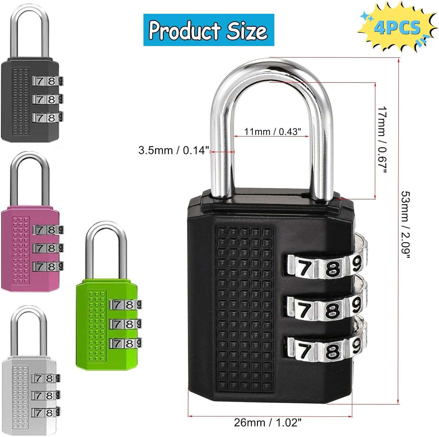 Yharnamite 4 Pcs Combination Lock for Locker, 3 Digit Combination Padlock, Waterproof and Rust-Proof Padlock Combination Lock for Travel Bag, Suit Case, Lockers, Gym image number 4