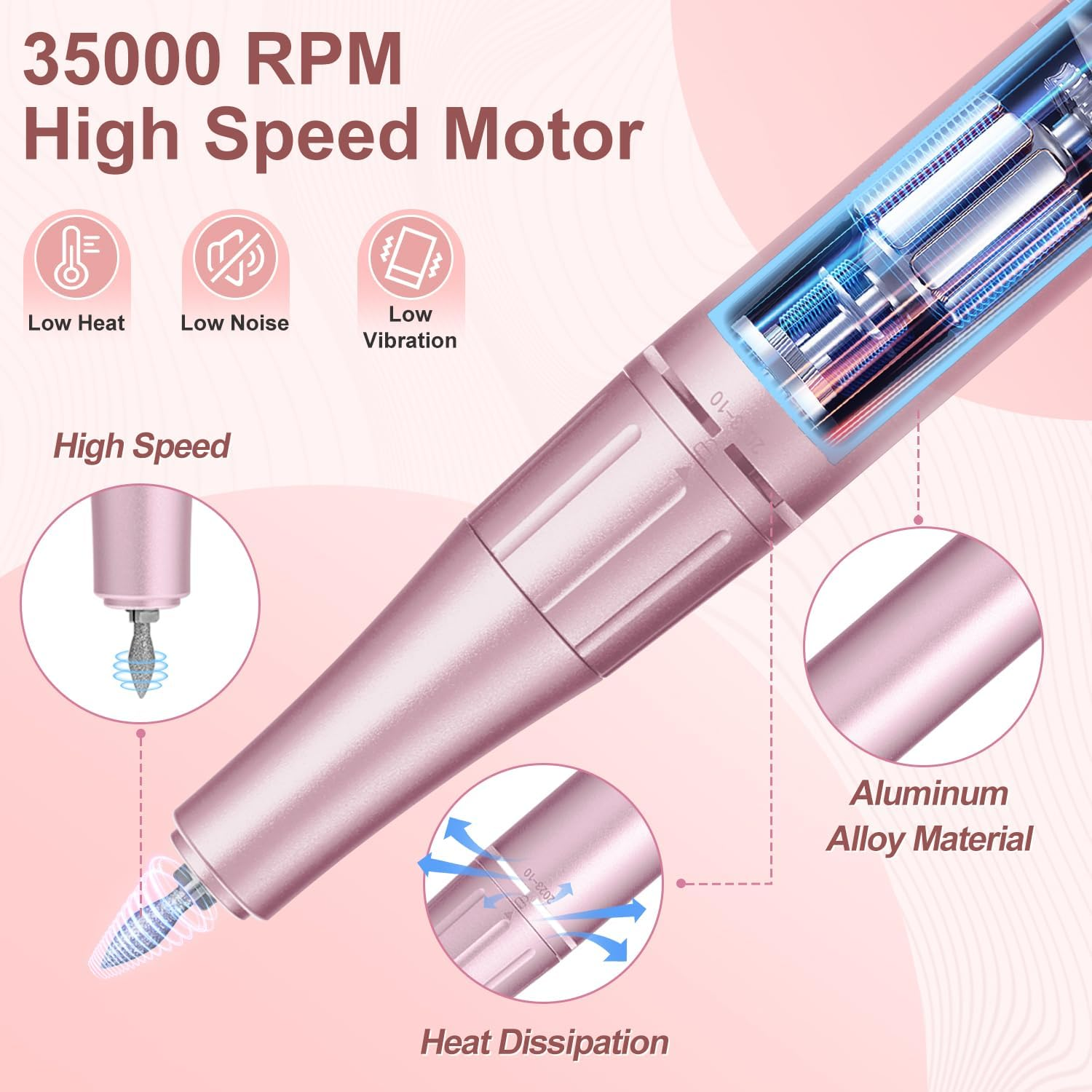 Electric Nail Drill Professional, 35000RPM Portable Efile Nail Drill with 11Pcs Nail Drill Bits, Rechargeable Nail Drill Machine with LCD Display for Acrylic Nail Remove Gel Polish for Home Salon Use image number 5