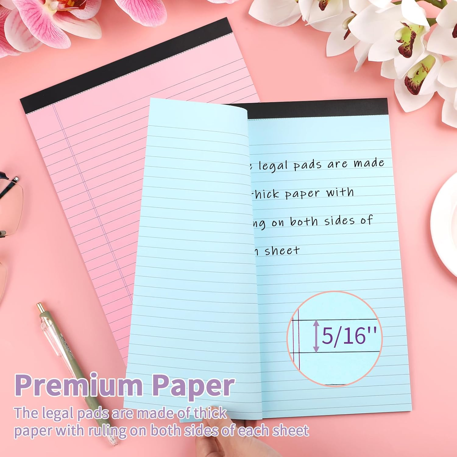 WINKIO Colored Legal Pads, 2 Pack Writing Pads 8.5 X 11 Inch, Micro Perforated Notebooks with Sturdy Back, Wide Ruled, 30 Sheets per Writing Pad for School, College, Office, Professional (Blue/Pink)