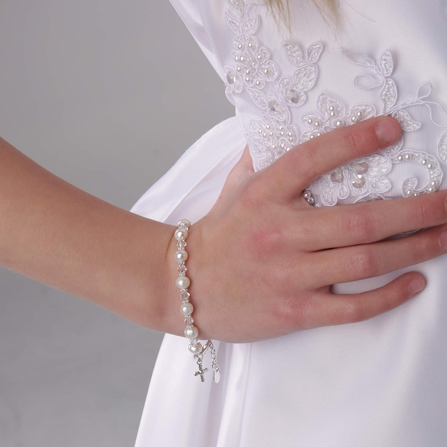 Children'S Sterling Silver Cross Bracelet And/Or Necklace with Cultured Pearl and High End Crystal for First Communion, Baptism or Christening