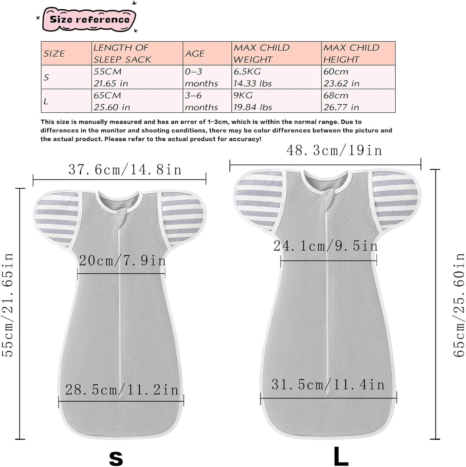 2 Pack Baby Swaddle,Nursery Swaddles,Baby Sleep Sack,Organic Cotton Sleeping Bag for Baby,Soft Nueborn Swaddle, Newborn Sleep Sack,Anti-Startle Swaddling,2 Way Zip (Gray, Small（3.5~6Kg）) image number 6