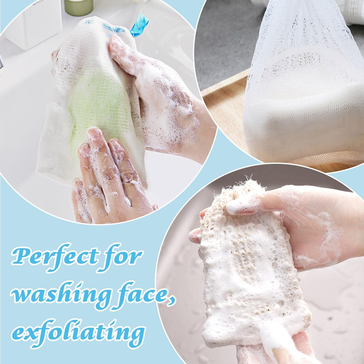2Pcs Exfoliating Mesh Soap Saver Pouch Bag Sack, FHDUSRYO Handmade Soap Bubble Mesh Bags with Drawstring, Soap Bubble Mesh Net Bags for Face Washing, Body Cleansing