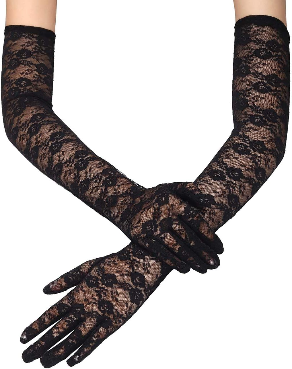 Woeoe Long Lace Gloves Black Tea Party Floral Gloves Elbow Length Cocktail Opera Parties for Women image number 2
