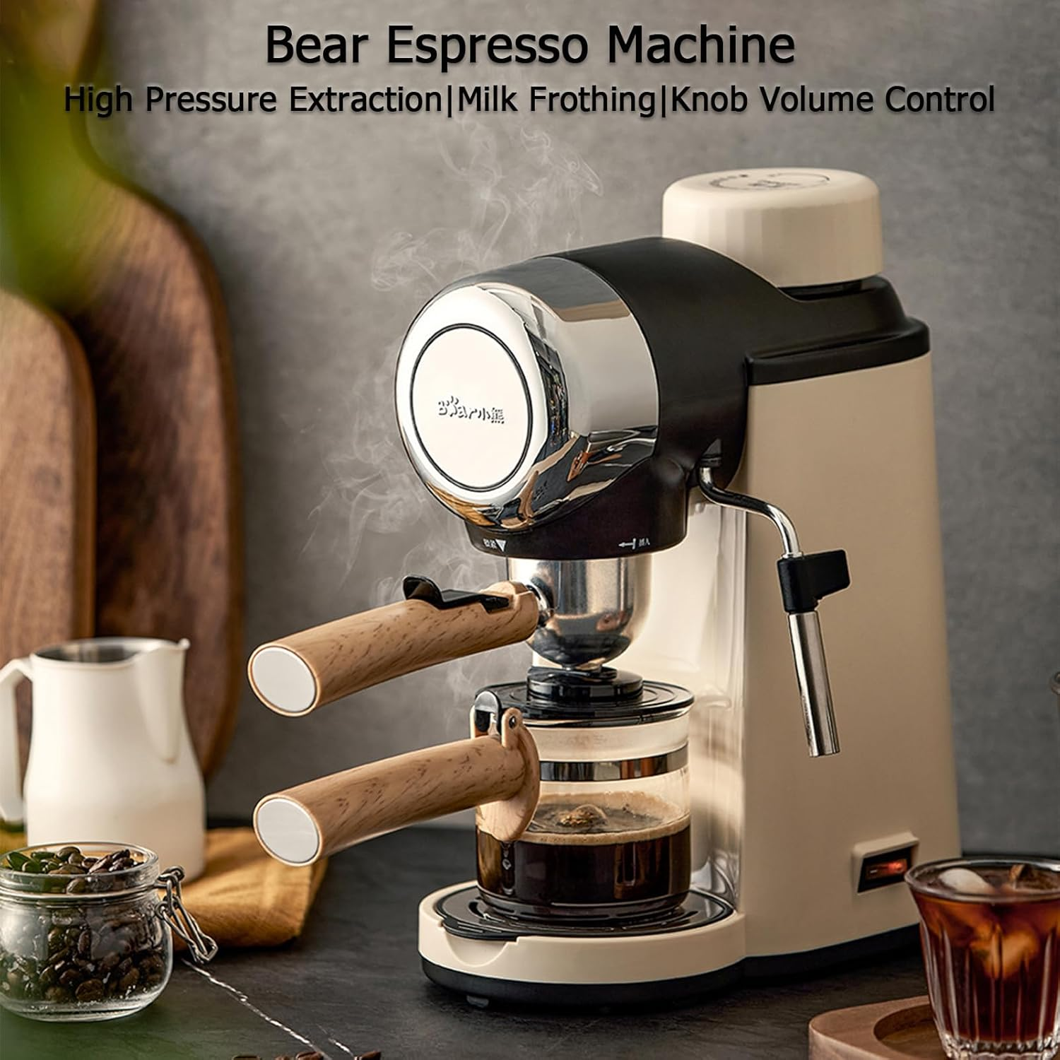 BEAR Espresso Coffee Machine, Cappuccino Coffee Machine with 5 Bar Pump Pressure, Milk Frother, Stainless Steel Boiler, 240Ml Coffee Pot, Knob Switch image number 1