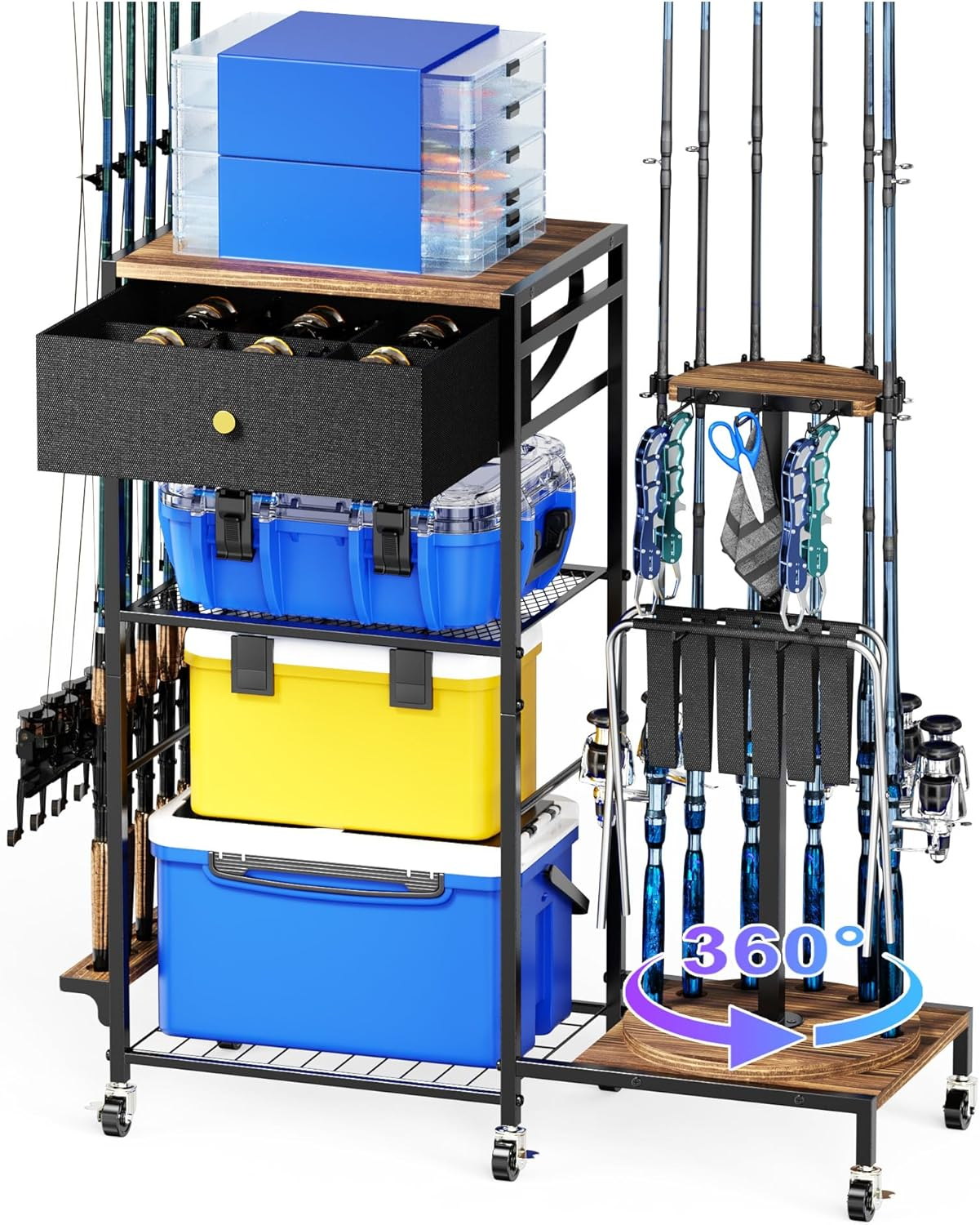 Fishing Rod Holders for Garage, 360&deg;Rotating Fishing Pole Holders, Fishing Rod Rack Cart Holds up to 12 Rods, Fishing Rod Storage Stand Equipment Organizerfor Men