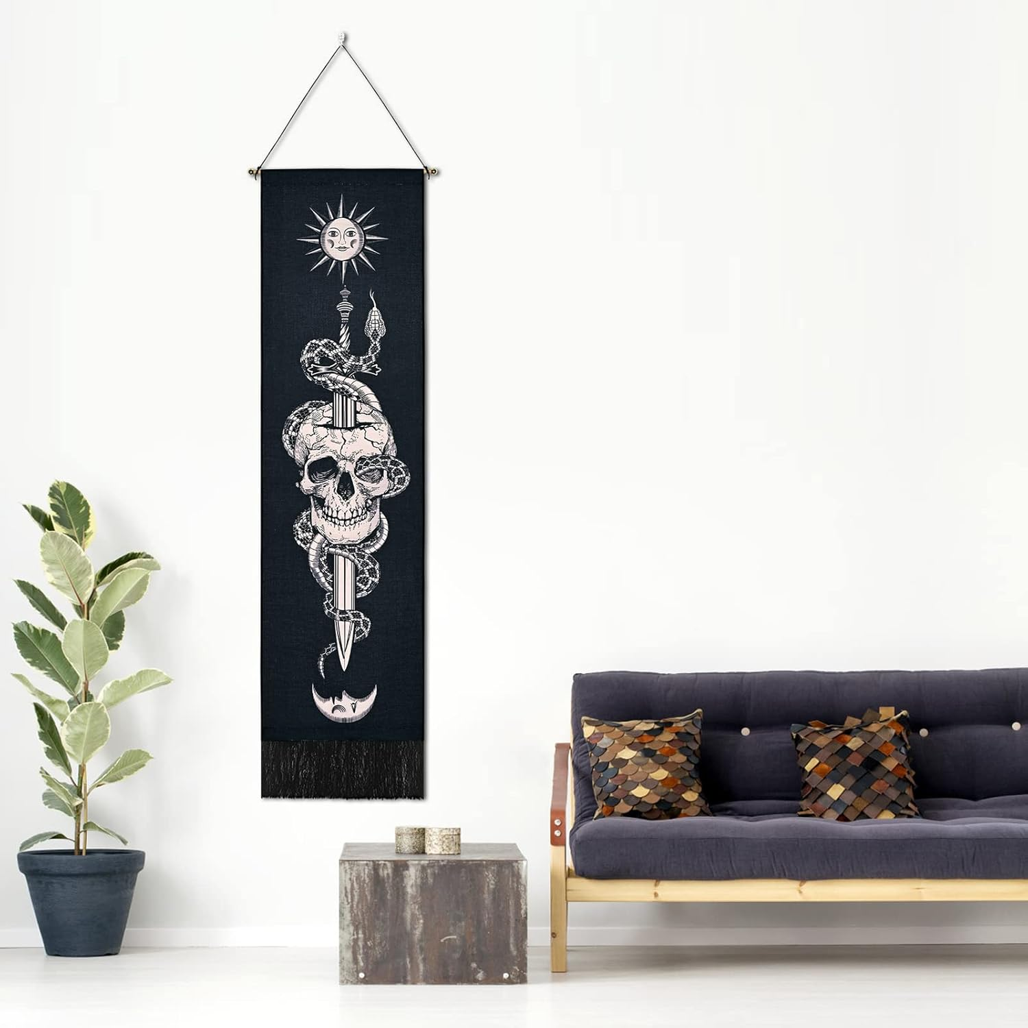 Uspring Skull Tapestry Sun and Moon Tapestry Skeleton Snake Tapestries Vertical Sword Tapestry Black and White Tapestry Wall Hanging for Room (Black, 12.8 X 51.2 Inches) image number 1