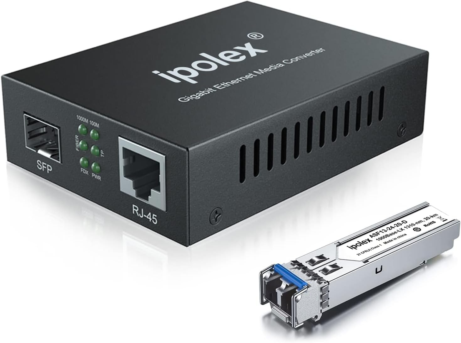 Gigabit Fiber Media Converter Single-Mode LC (SFP LX Transceiver Included), up to 20KM, 10/100/1000Base-Tx to 1000Base-Lx