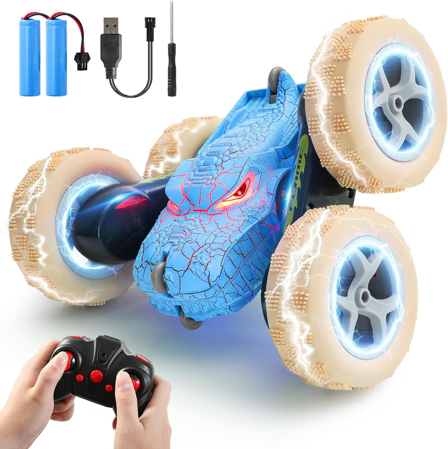 Remote Control Car for Kids &ndash; 2.4Ghz Dinosaur Monster RC Stunt Car - 360&deg; Rotating Drift with LED Lights - Rechargeable 4WD Toy for Boys and Girls Ages 6+ - Indoor/Outdoor RC Vehicle (Blue)