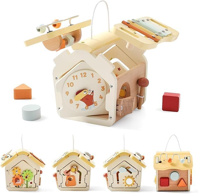 Wooden Activity Cube Toys for Baby Sensory Toys for Toddlers 2-3 Multipurpose Educational Learning Shape Sorter Montessori Toy to Baby Gifts image number 1