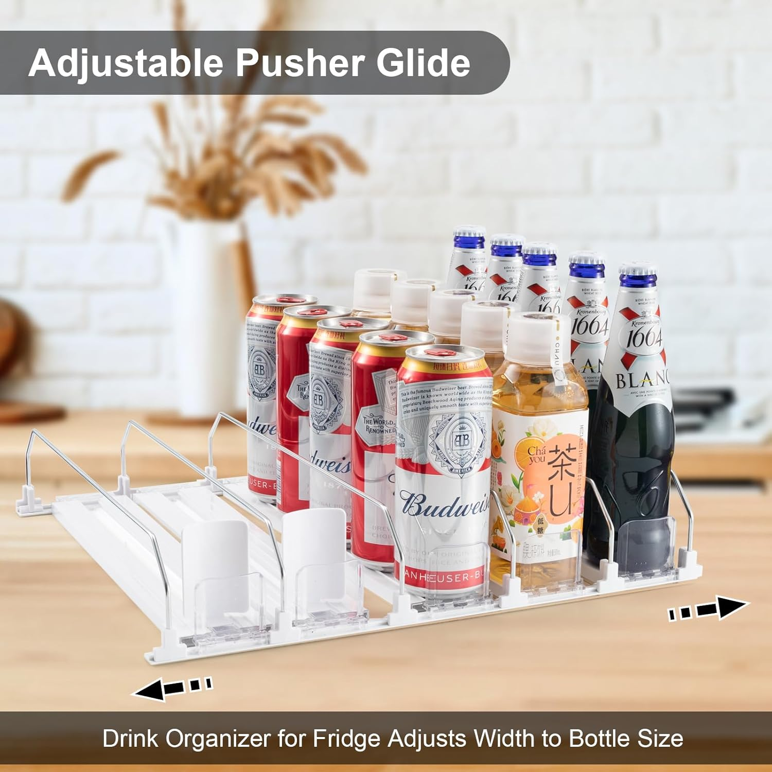 Can Dispenser for Refrigerator - Automatic Pusher Glide, Fridge Bottle Rack Drink Organizer, Self-Pushing Width Adjustable Beverage Storage Holds up to 20-25 Cans (L)