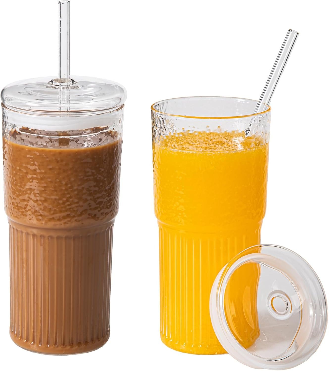 2 Packs 20 Oz Glass Cups with Lids and Straws, Glass Coffee Tumbler, Tumbler Water Glass, Water Bottle, Thick Wall Glass Coffee Mug Iced Tea Cup (Clear (2Pcs 20Oz))