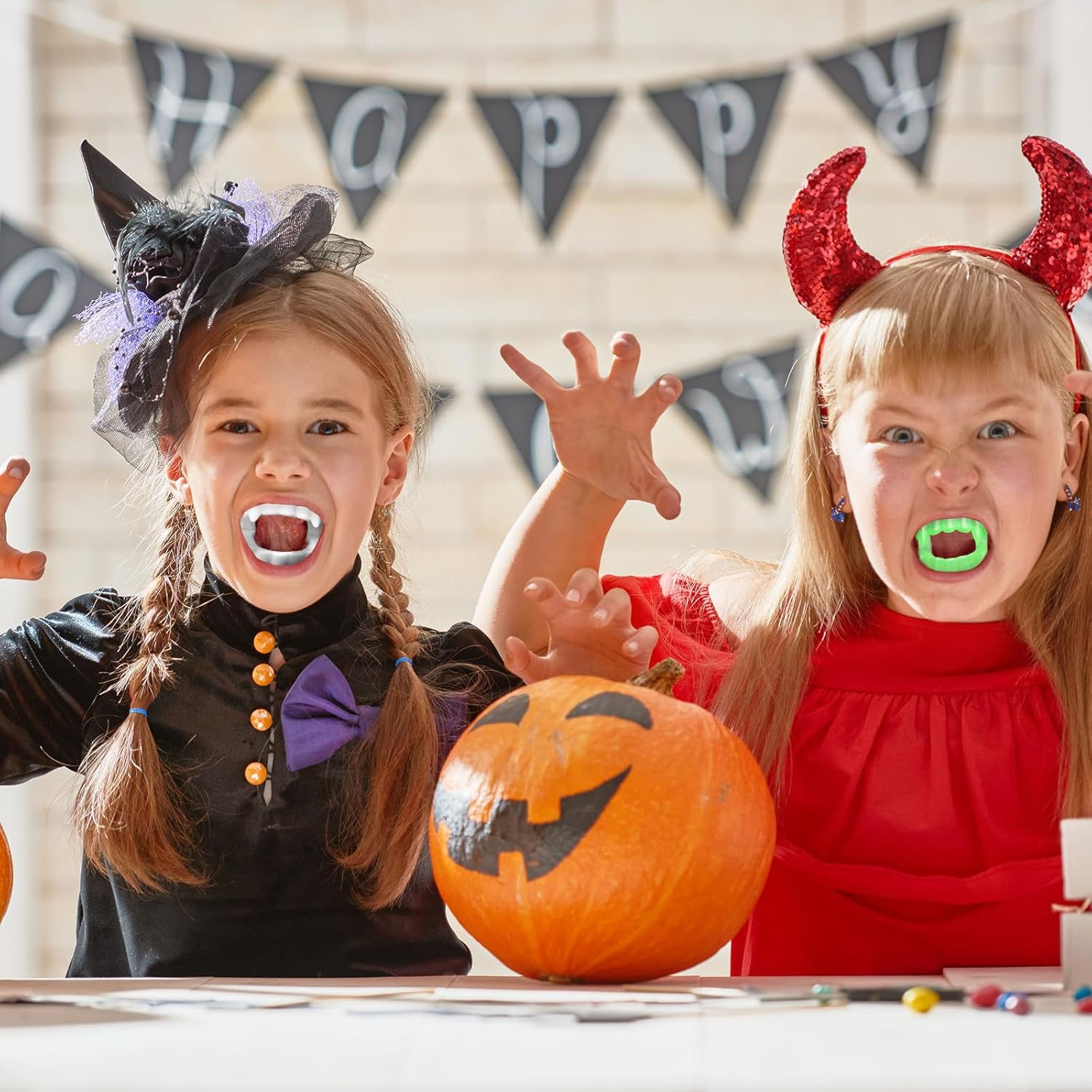 24 Pcs Plastic Vampire Teeth Fake Fangs &ndash; 12 Glow-In-The-Dark and 12 White Vampire Teeth, Halloween Costume Props, Party Supplies and Trick or Treat Accessories image number 4