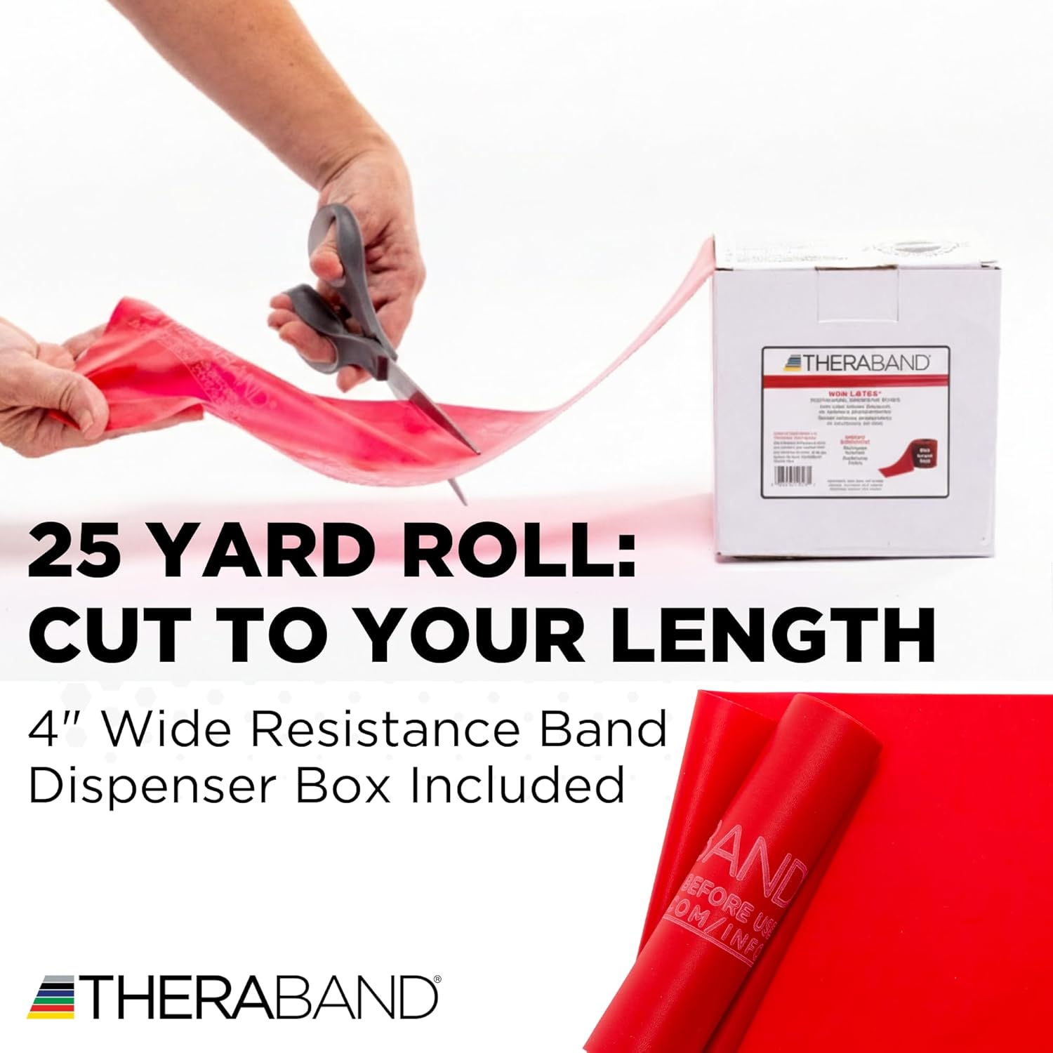 Theraband Resistance Band 22M Roll, Medium Red Non-Latex Professional Elastic Bands for Upper & Lower Body Exercise Workouts, Physical Therapy, Pilates, & Rehab, Dispenser Box, Beginner Level 3 image number 3