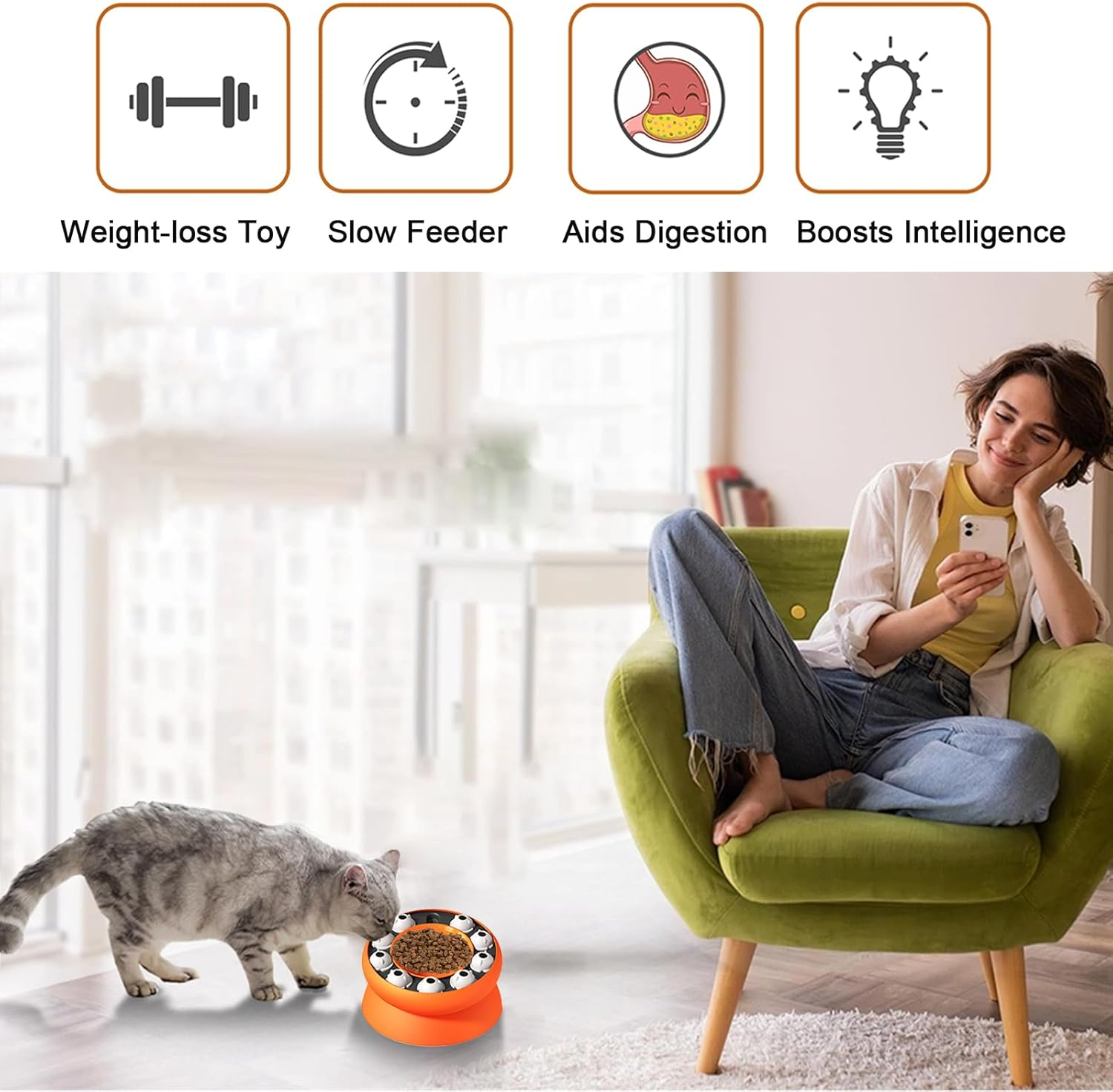 Interactive Slow Feeder & Puzzle Toy for Cats and Small Dogs - Treat Dispenser, Spill-Proof Food Bowl for Mental Stimulation, Foraging & Fun (Orange) image number 2