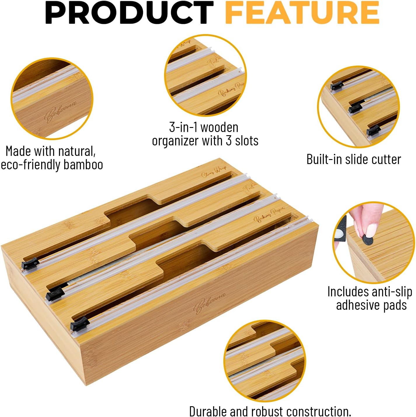 Bamboo Cling Wrap Dispenser with Cutter 33Cm | 3-In-1 Foil and Wrap Organiser for Kitchen Drawer | Glad Wrap and Foil Storage Solution| Australian Sizes| image number 3