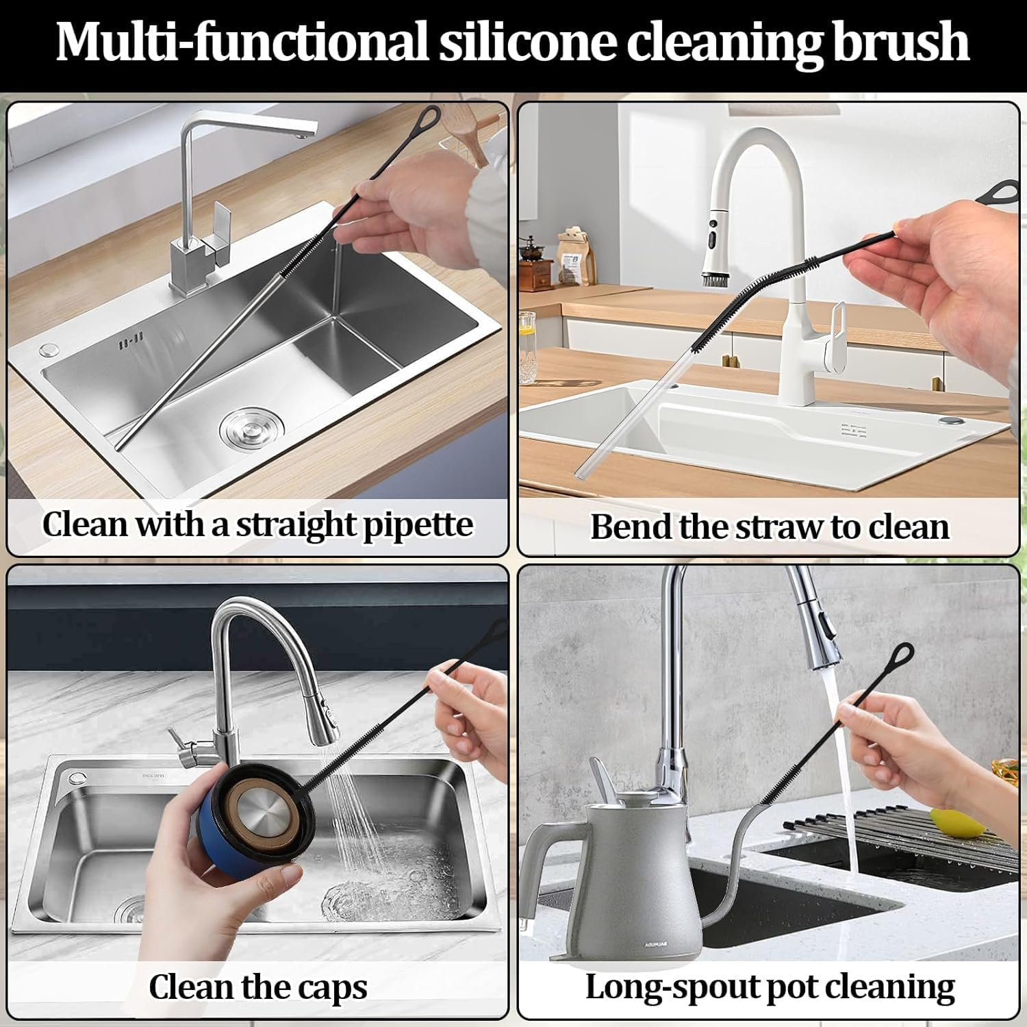 2 Pack Extra Long Silicone Straw Cleaning Brushes - Heavy Duty Reusable Straw Cleaner for Metal, Glass, Smoothie & Bubble Tea Straws - Bpa-Free Food Grade with Bendable Core (6Mm+9Mm, Black)