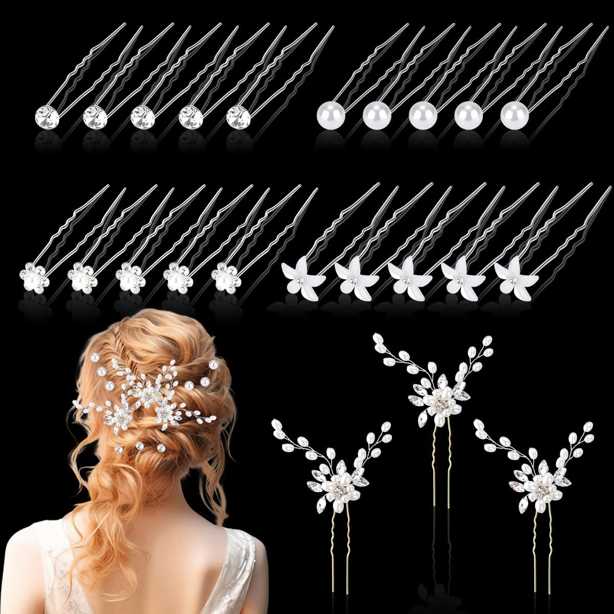 23 Pieces Bride Wedding Hair Pins, FHDUSRYO Flower Bridal Hair Clip, Crystal Pearl Hairpin Flower Rhinestone Hair Barrettes, U Shaped Hair Pins Wedding Hair Accessories for Women, Girls, Bridesmaids image number 5