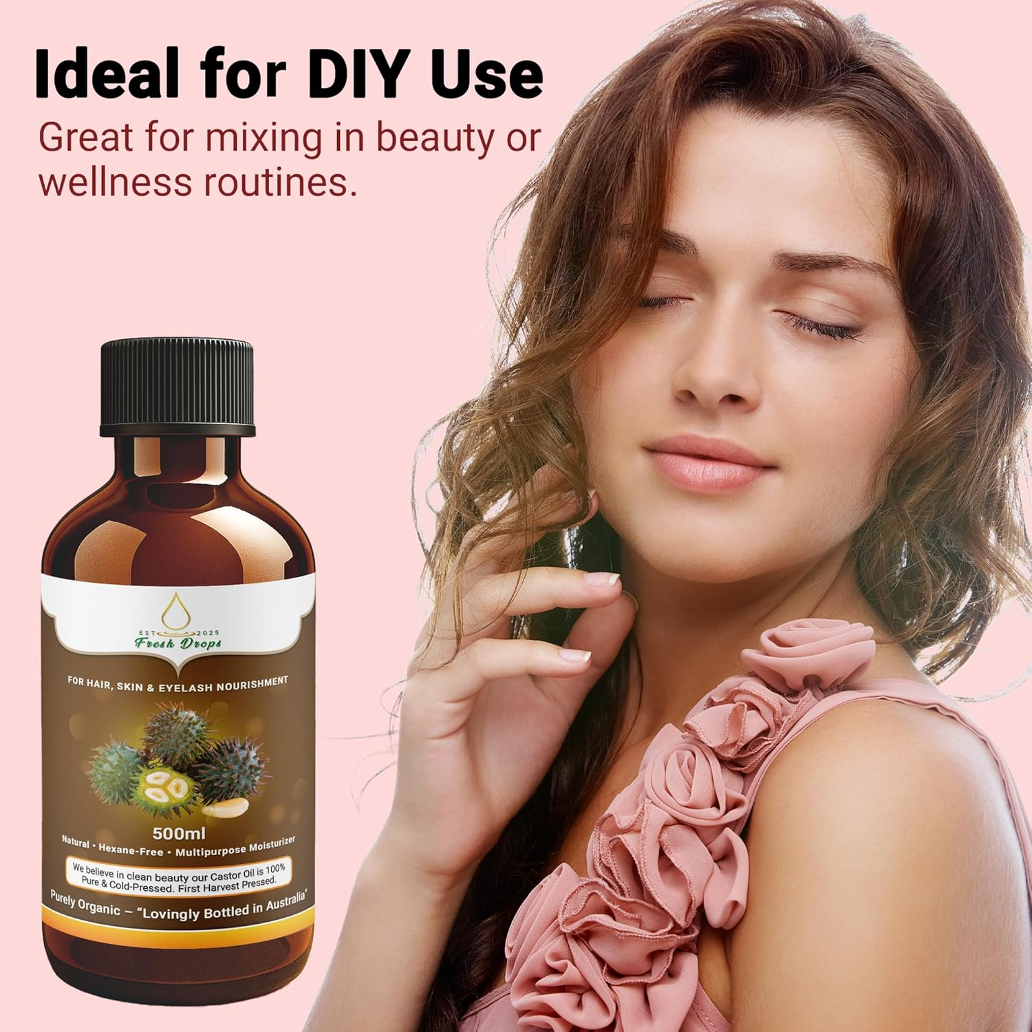 Fresh Drops - Organic Castor Oil 500Ml, Pure Cold Pressed, Hexane Free- Stimulate Growth for Eyelashes, Eyebrows, and Hair, Smooth Face, and Skin,Eyelashes Serum | Free 30 Ml Castor Oil Sample Glass Bottle,Eyebrow Brush Included. image number 5