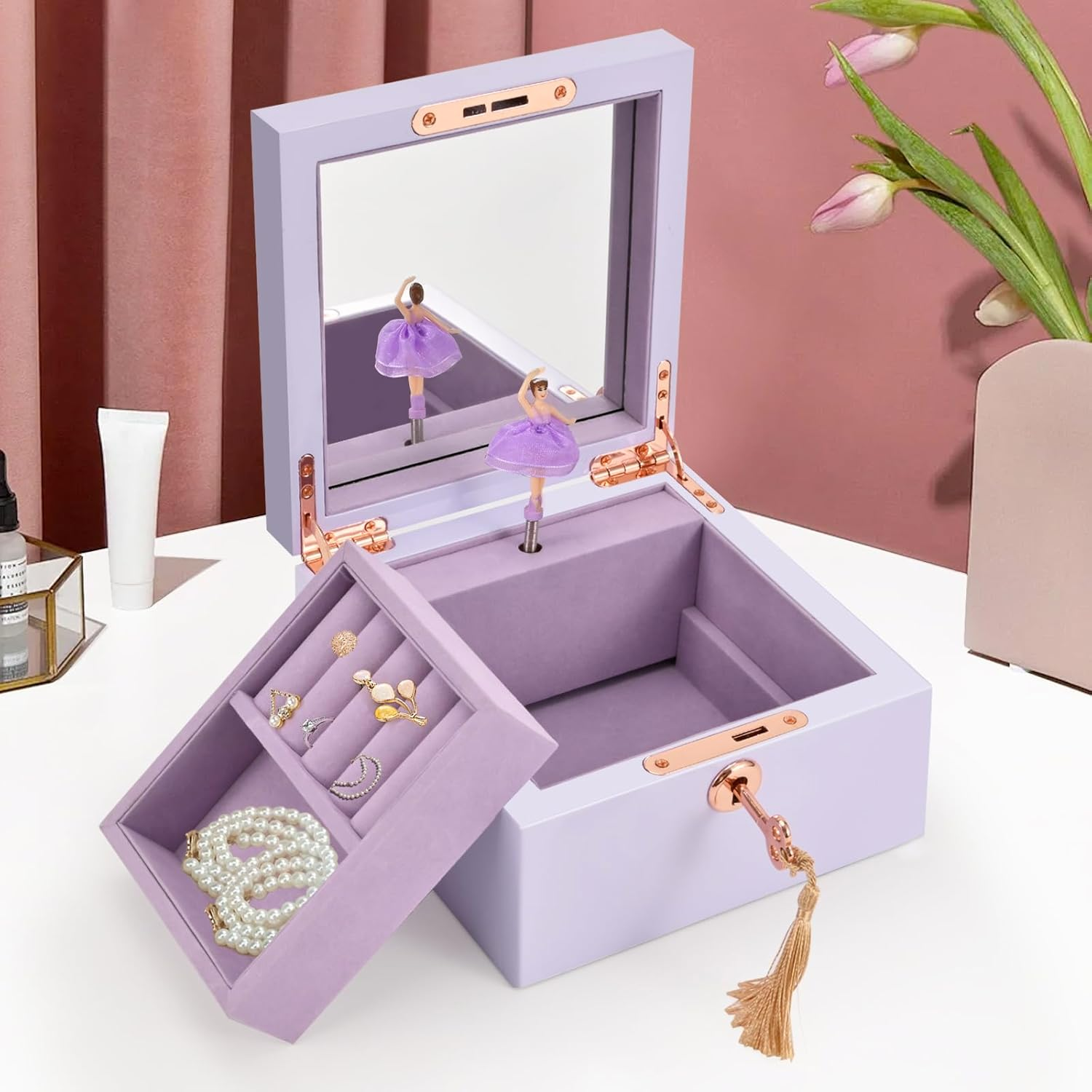 Lihou Papaq Ballerina Musical Jewelry Box -For Girls & Women - Swan Lake Tune, Features Metal Bow, Mirror & Tassel Key - Perfect Gifts for Christmas, Birthdays & Holidays-Purple (Purple-Gloss) - Purple-Matte image number 2