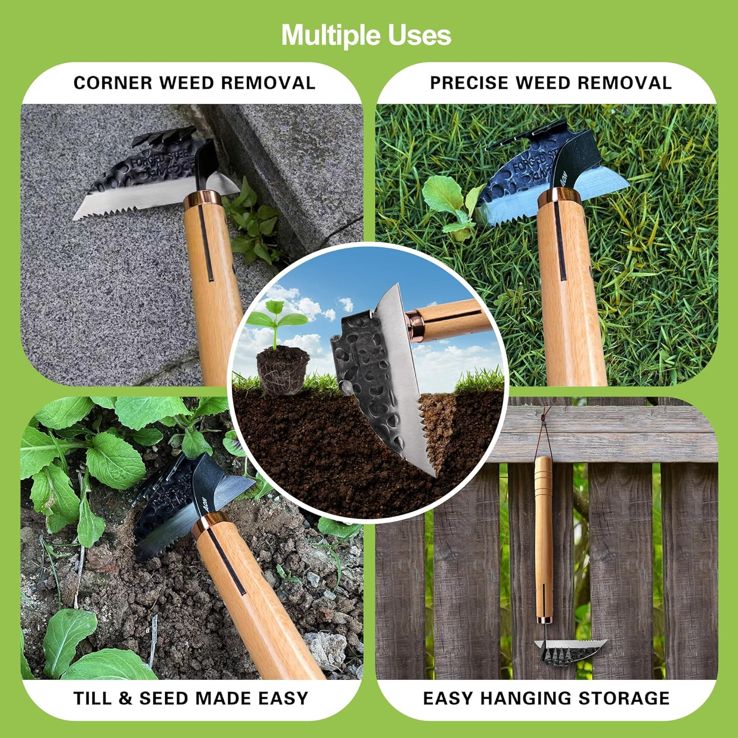 AON All-Purpose Japanese Weeding Sickle & Razor Hand Hoe, Forged Steel Weed Puller Tool with Sharp Edge & 4-Tine for Digging, Weeding, Uprooting in Vegetable Gardening, Backyard or Raised Garden Beds image number 5