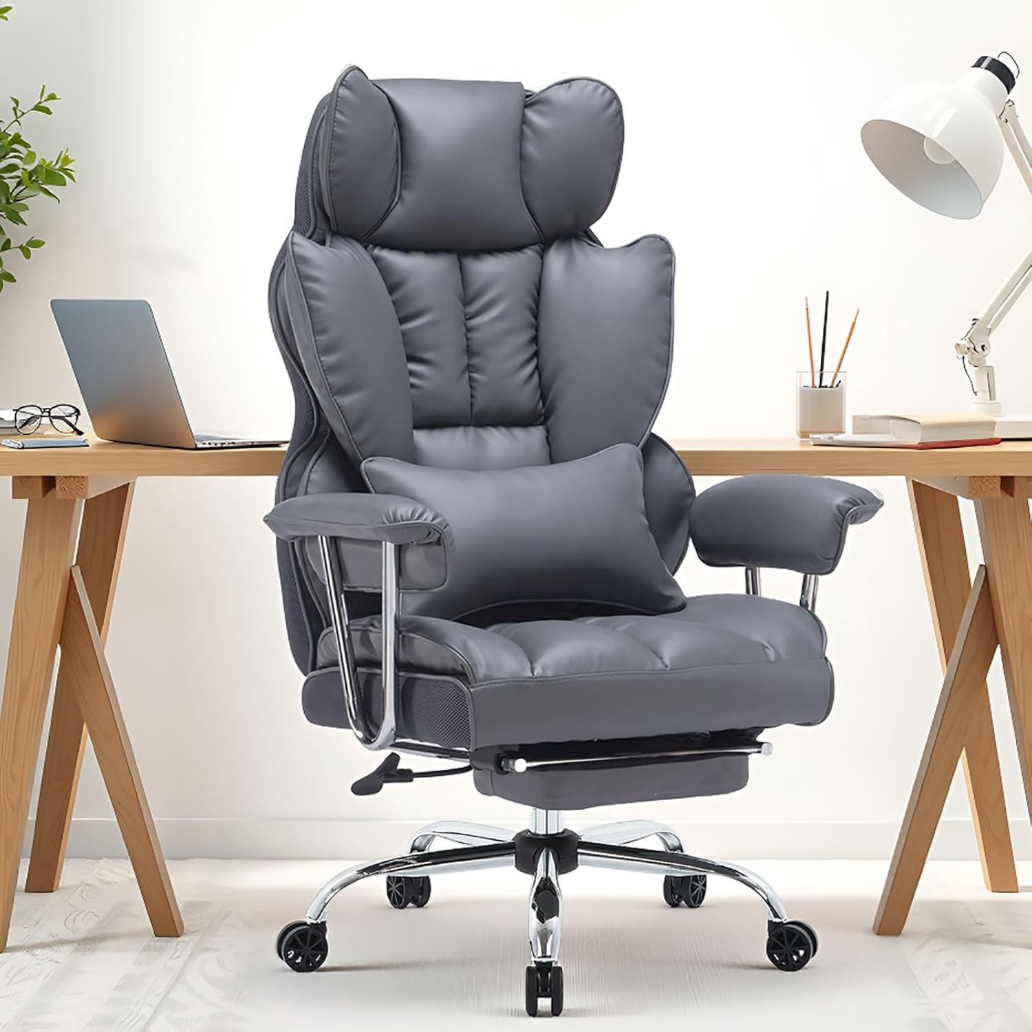 Efomao Desk Office Chair 400Lbs,Big and Tall PU Leather Computer Chair,Executive Office Chair with Leg Rest and Lumbar Support (Dark Grey) image number 4