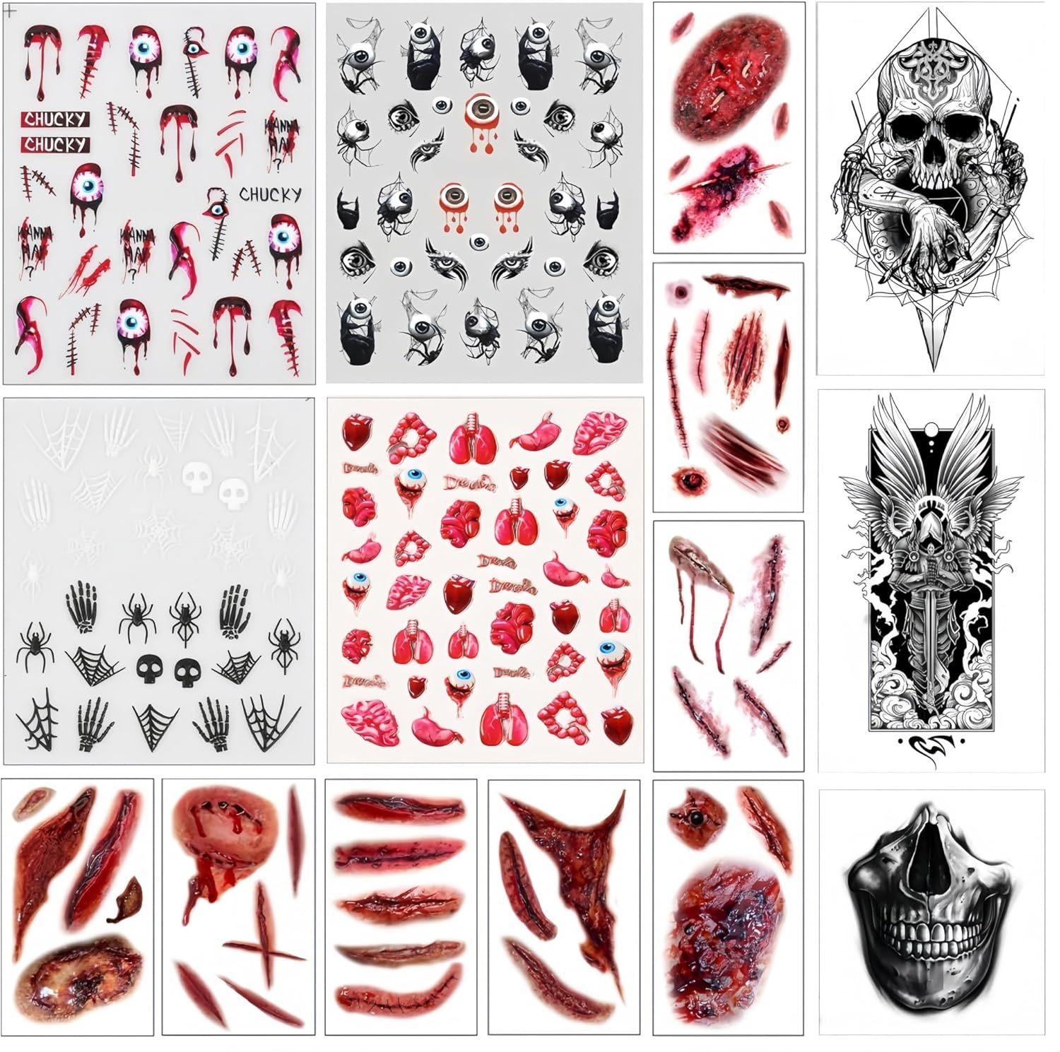 Longfng Halloween Nail & Tattoo Sticker Set &ndash; 4 Sheets 3D Nail Decals, 9 Sheets Skeleton Hand & Scary Temporary Tattoos for Kids & Adults Party Decorations