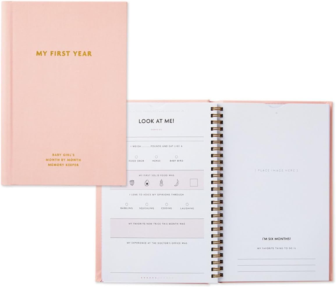 Hallmark &lsquo;My First Year&rsquo; Baby Book Album/Baby Photo Album - My First Year Baby Memory Album - Soft Pink Fabric Cover with Gold Foil Design