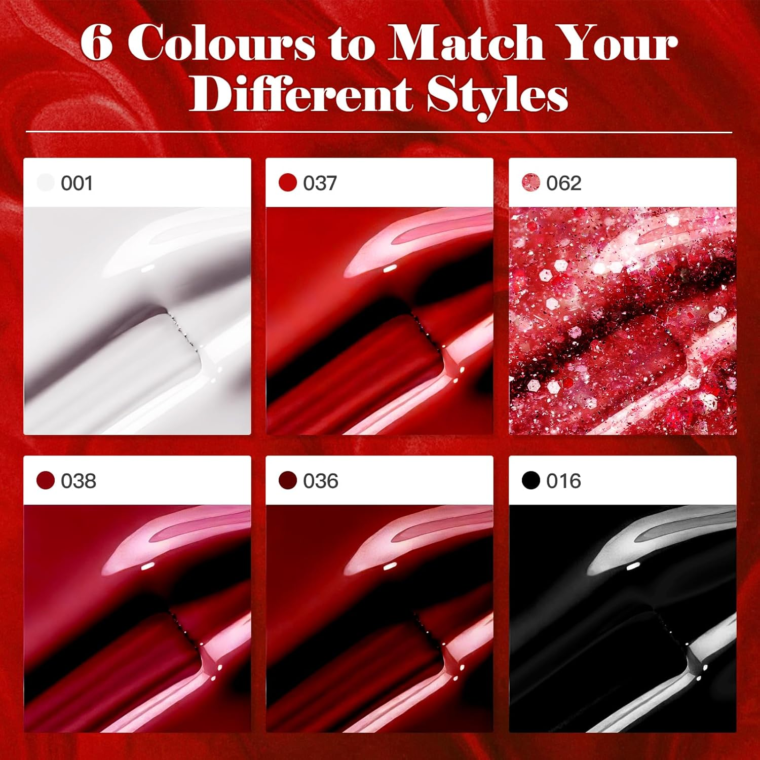 Madenia Gel Nail Polish Set: 6 Colours Red Burgundy Glitter Nail Polish Set Soak off UV/LED, Quick Drying Nail Varnish Nail Art DIY Manicure Salon & Home for Women, 8.5ML - Black image number 5