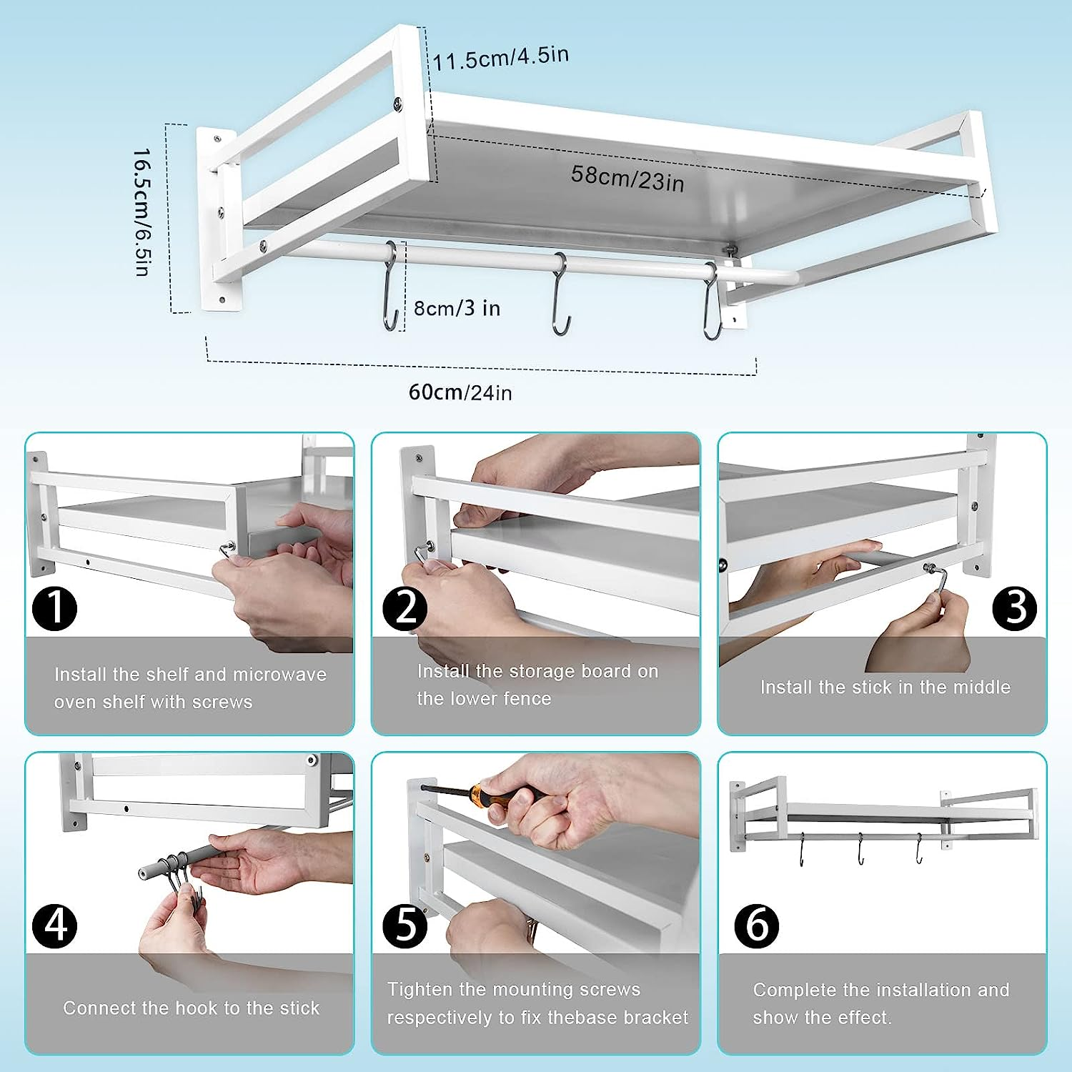 ABCOOL Wall Mount Microwave Oven Shelf Rack for Kitchen Home, Carbon Steel Counter Countertop Holder with Hook Rail and 3 Slidable Hooks - Black image number 4